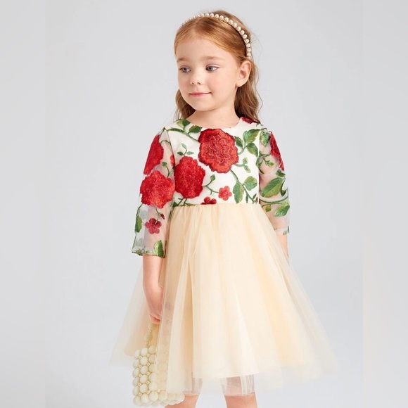Toddler Girls Formal Holiday Christmas Floral Embroidery Mesh Gown Dress Size 4 - Picture 4 of 17